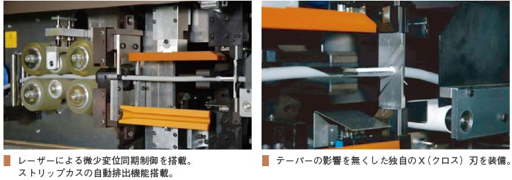 レーザーによる微小変位同期制御を搭載。ストリップカスの自動排出機能搭載。